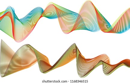 A pair of double-layered ribbon waves with the top ribbon in a smoky wave of bright summer colored lines and the bottom ribbon in a spiky wave of earth tone hues.