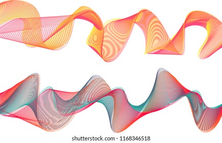 A pair of double-layered ribbon waves with the top ribbon in a bouncing wave of pinkish red and sunset yellow lines and the bottom ribbon in a woven wave of bright green and red colors.