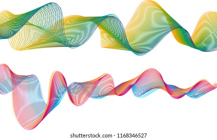 A pair of double-layered ribbon waves with the top ribbon in a bouncy flow of yellow and green lines and the bottom ribbon in a smoky wave of light blue, red violet and orange tones.