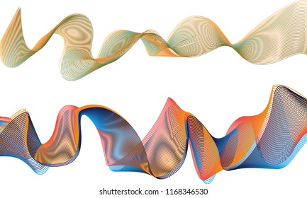 A pair of double-layered ribbon waves with the top ribbon in a windswept wave of green and orange lines and the bottom ribbon in an agitated flow of bright orange and midnight blue hues.
