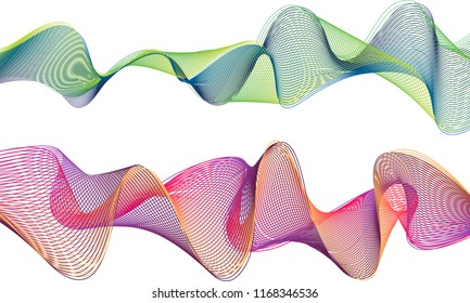 A pair of double-layered ribbon waves with the top ribbon in a smoky wave of blue and green lines and the bottom ribbon in a whiplash wave of bright pinkish red, yellow and deep purple tones.