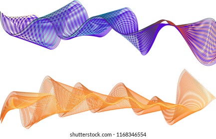 A pair of double-layered ribbon waves with the top ribbon in a smoky wave of striped multiple colors and deep purple lines and the bottom ribbon in a scallop-edged wave of orange and yellow hues.