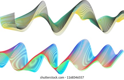 A pair of double-layered ribbon waves with the top ribbon in a wave of high contrasting play of dark green and golden yellow lines and the bottom ribbon in a rolling wave of bright colors.