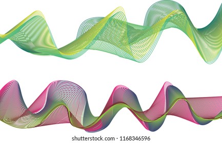 A pair of double-layered ribbon waves with the top ribbon in a bouncing flow of green and yellow colors and the bottom ribbon in a weave of red violet and green hues.