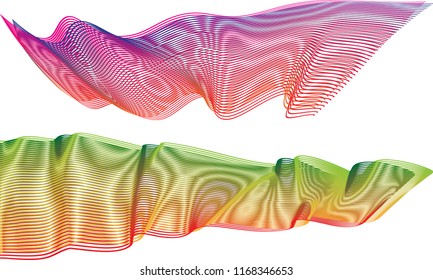 A pair of double-layered ribbon waves with the top ribbon in a bold and breezy design with purple and red lines and the bottom ribbon in a flag banner design of red, orange and green hues.