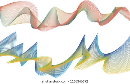 A pair of double-layered ribbon waves with the top ribbon in undulating lines of persimmon orange and sage green and the bottom ribbon in pointed sails of blue hues set against citrus-colored lines.