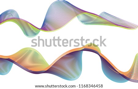 A pair of double-layered ribbon waves with the top ribbon in a gentle flow of purple and green and the bottom ribbon in paired waves of high contrasting colors.
