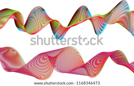 A pair of double-layered ribbon waves with the top ribbon in a tumbled flow of bright and dark colored lines and the bottom ribbon in a breezy flow of striped pink and green gradient colors.