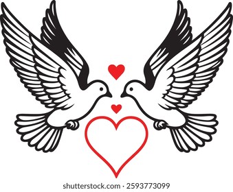 A Pair of Doves Flying with Love Silhouette Vector Illustration