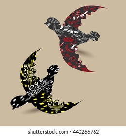 A pair of doves vector illustration
llustration of two doves with logos, letters and words, the pattern and the pattern on the wings of birds vector drawing