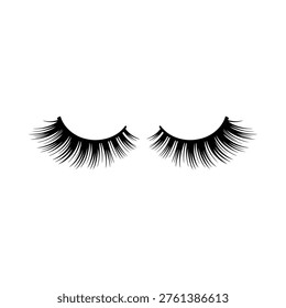 A pair of dramatic black false eyelashes are displayed against a stark white background isolated