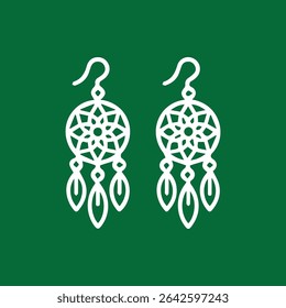 Par de brincos dreamcatcher em estilo de arte de linha branca em um fundo verde sólido. Esses brincos artísticos adicionam um toque de boho.