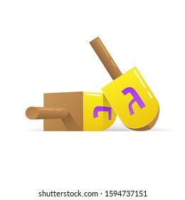 The pair of dreidels for the Hanukkah holiday is made from gold and wood materials the ones are isolated on a white background.