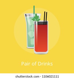 Pair of drinks green cocktail with ice cubes and Bloody Mary decorated by parsley, beverage with seasonings vector refreshing summertime liquids