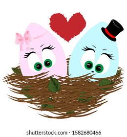 A pair of easter eggs with cute eyes in the nest. Vector art