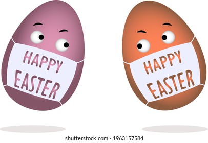 A pair of eggs in protective masks on which the wish of Happy Easter is written.
Spring vector design for Easter holidays.