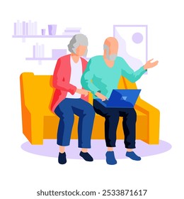 Pair of elderly man and woman surfing internet together. Happy old couple watching video on tablet pc. Grandparents sitting with gadget in living room. Elderly people are using modern technologies