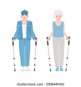 Pair of elderly men and women dressed in sports clothes performing nordic walking. Healthy outdoor activity for old people. Flat cartoon characters isolated on white background. Vector illustration.