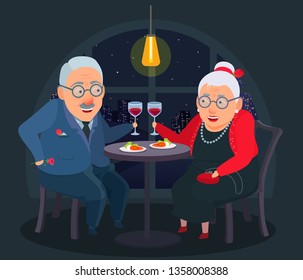 A pair of elderly people sitting at a table in a restaurant raise their hands with glasses. Holiday, anniversary, event celebrating. Vector cartoon flat style illustration on dark city background.