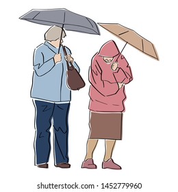 Pair of elderly women in warm clothes under umbrellas. Black isolated contour and colors. Hand drawn style. Vector element. Colorful flat illustration.