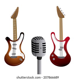 a pair of electric guitars and a microphone