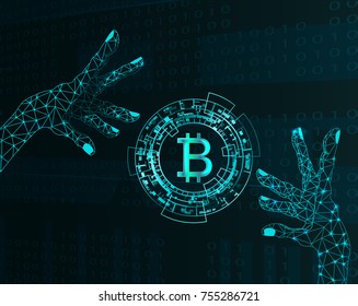 Pair of electronic hand and bitcoin symbol.Vector illustration.