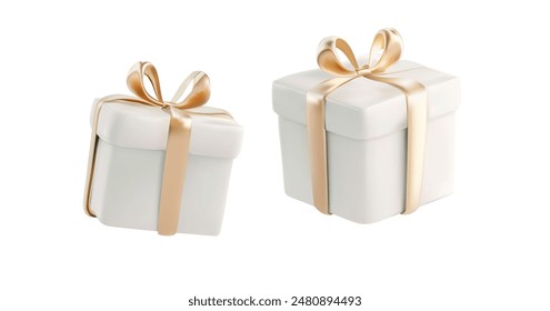 A pair of elegant 3D gift boxes adorned with golden ribbons. Perfect for special occasions, weddings, anniversaries, and luxury gift presentations. Ideal for greeting cards and promotional materials.