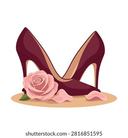 A pair of elegant burgundy high heel shoes adorned with a delicate pink rose and scattered petals, symbolizing romance and fashion.