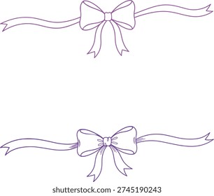 A pair of elegant purple ribbons featuring intricately tied bows on a plain white setting