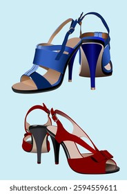 Pair of elegant red and blue high heels on light blue background representing fashion and style. Hand drawn Illustration