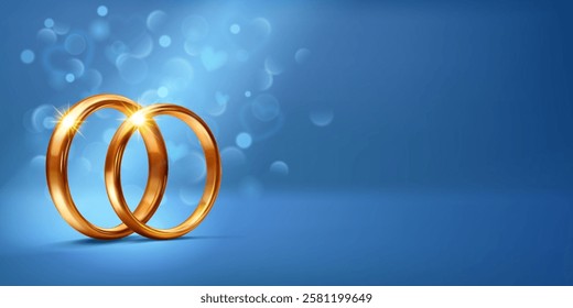 A pair of elegant, shiny, polished gold wedding rings placed side by side on a soft blue background, symbolize love and unity. Little heart shapes are flying around, creating a romantic atmosphere.