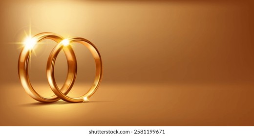 A pair of elegant, shiny, polished gold wedding rings placed side by side symbolize unity and love. The scene is illuminated by a soft, sparkling light, emphasizing the concept of eternal love.