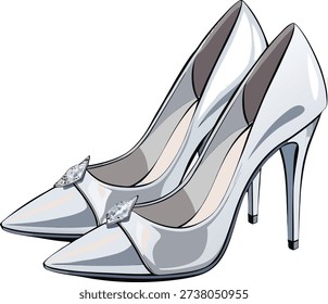 A pair of elegant silver high-heeled shoes, positioned side-by-side, dominate the frame against a transparent background. The shoes are metallic silver, reflecting light, with a polished, glossy finish. Each shoe features a s