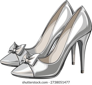 A pair of elegant silver high-heeled shoes, positioned side-by-side, dominate the frame against a transparent background. The shoes are metallic silver, reflecting light, with a polished, glossy finish. Each shoe features a s