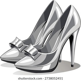 A pair of elegant silver high-heeled shoes, positioned side-by-side, dominate the frame against a transparent background. The shoes are metallic silver, reflecting light, with a polished, glossy finish. Each shoe features a s