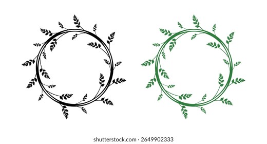 A pair of elegant vector circular frames adorned with delicate leaves, available in both solid black and natural green, perfect for invitations and branding.