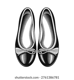 A pair of elegantly illustrated black flats with decorative bows are shown from a top down perspective