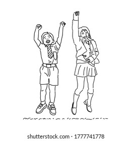 a pair of elementary school students jump happily Monoline Illustration