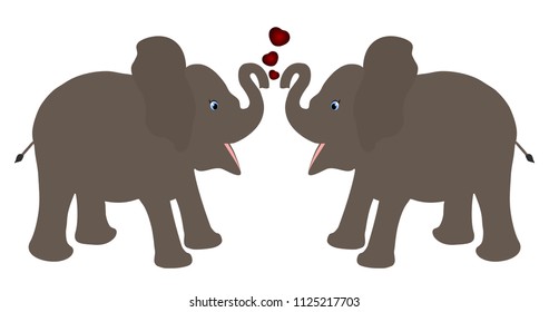 Pair of elephant calf baby facing cartoon vector illustration with red hearts against white background