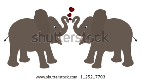 Pair of elephant calf baby facing cartoon vector illustration with red hearts against white background