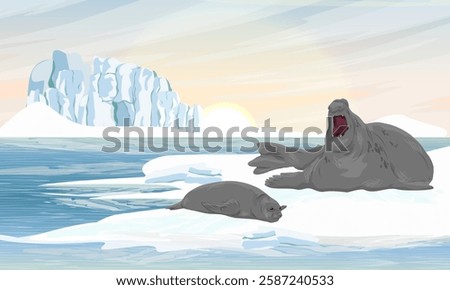 A pair of elephant seals resting on a snowy sea coast. Glaciers and permafrost of the Arctic. Realistic vector landscape