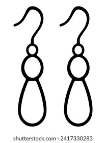 A pair of elongated earrings. Ear decoration made of beads and drops. Sketch. Vector illustration. Jewelry items with hook. Outline on isolated background. Coloring book for children. 