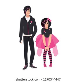 Pair of emo kids. Young man and woman dressed in black clothes. Stylish couple or emocore fans. Cute male and female cartoon characters isolated on white background. Colorful vector illustration.