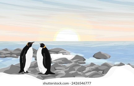 A pair of emperor penguins stands on rocks on shore of ocean. Birds of the South Pole. Realistic animals