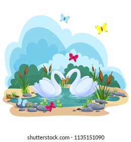 A pair of enamored swans in a colorful pond with reeds, flowers and butterflies. Hand drawn cute vector illustration.