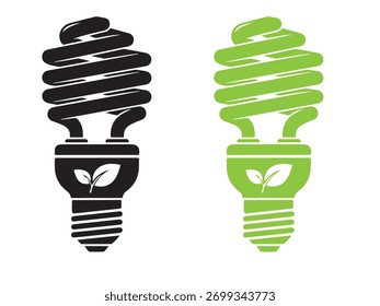Um par de lâmpadas de baixo consumo de energia, uma em preto clássico e a outra em verde vibrante, simbolizam a sustentabilidade e a vida ecoconsciente isolada no fundo branco