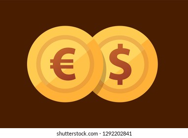 Pair Euro - Dollar, vector icon with golden coins in flat style.
