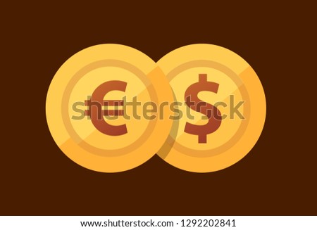 Pair Euro - Dollar, vector icon with golden coins in flat style.