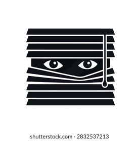 A pair of eyes discreetly observing from behind closed window blinds, representing concepts of privacy, secrecy, and watchful surveillance.
