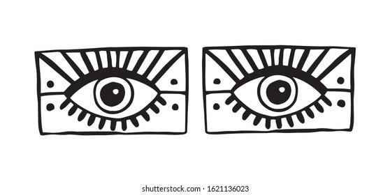 Pair of eyes. Trendy mystical style. Hand drawn illustration. Art for social media and apparel. T-shirt design. Ready-to-use design. Vector illustration.
